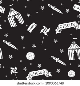Hand drawn vector illustration of crazy creepy cartoon circus items: wind spinners, daggers, tickets, balls, tents. Seamless pattern on a black background.