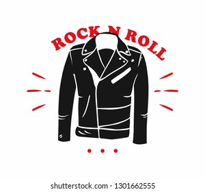 Hand drawn vector illustration. Creative black contour art work. Ink fashion illustration. Vector illustration leather jacket. Hand drawn leather jacket. Rock n Roll Type