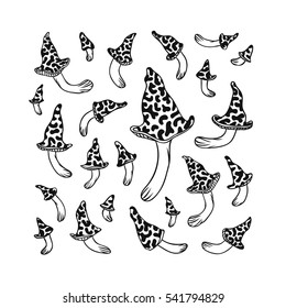 Hand drawn vector illustration. Creative ink art work. Isolated set of Mushrooms on white background