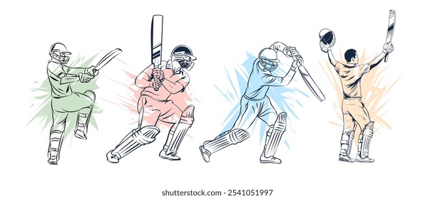 Desenhado à mão Ilustração Vetorial de Cricket Batsman. Desenho de linha de batsman em múltiplas posições de ação