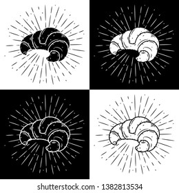 Hand drawn vector illustration with croissant and divergent rays. Used for poster, banner, web, t-shirt print, bag print, badges, flyer, logo design and more. 