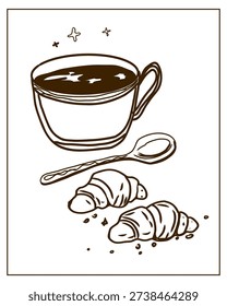 Hand drawn vector illustration of croissant and coffee perfect for invitations, menus, parties. La dolce vita minimalist line art for poster, placard, print, card.