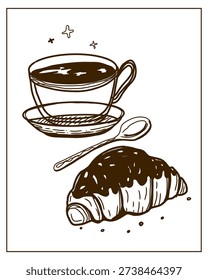 Hand drawn vector illustration of croissant and coffee perfect for invitations, menus, parties. La dolce vita minimalist line art for poster, placard, print, card.