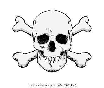 Dibujo manual Vector ilustración del cráneo cruzado. Ilustración de estilo de esbozo vectorial, aislada en fondo blanco.