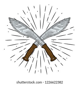 Hand drawn vector illustration with a crossed machetes and divergent rays on blackboard. Used for poster, banner, web, t-shirt print, bag print, badges, flyer, logo design and more. Cartoon machete.