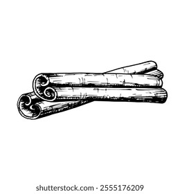 Ilustração vetorial desenhada à mão de paus de canela cruzada na arte detalhada da linha preta e branca. Perfeito para uso no feriado de Natal, projetos temáticos culinários e aromáticos, embalagem, projetos criativos