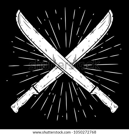 Hand drawn vector illustration with a crossed machetes and divergent rays on blackboard. Used for poster, banner, web, t-shirt print, bag print, badges, flyer, logo design and more. Cartoon machete.
