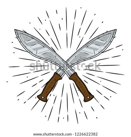 Hand drawn vector illustration with a crossed machetes and divergent rays on blackboard. Used for poster, banner, web, t-shirt print, bag print, badges, flyer, logo design and more. Cartoon machete.
