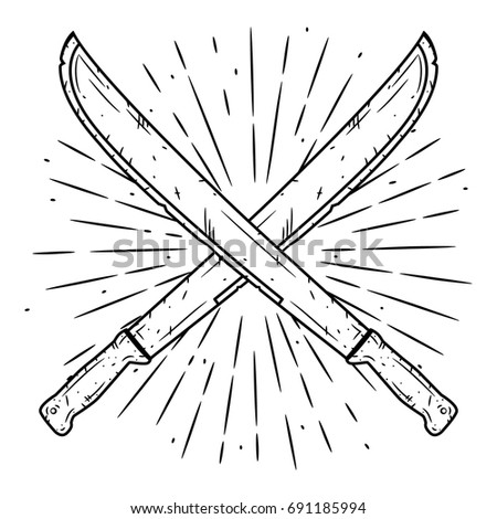 Hand drawn vector illustration with a crossed machetes and divergent rays. Used for poster, banner, web, t-shirt print, bag print, badges, flyer, logo design and more. Cartoon machete.