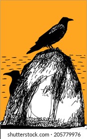 Hand drawn vector illustration with crow on stone