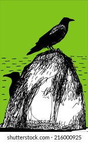Hand drawn vector illustration with crow on stone.