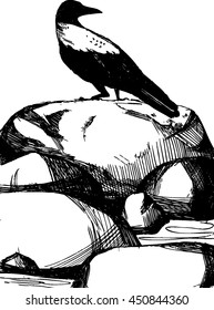 Hand drawn vector illustration with crow on stone