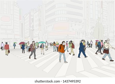 Hand drawn vector illustration. A crowd of people crossing the street in Tokyo Japan.