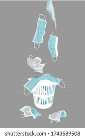 Hand drawn vector illustration of crumpled, worn, used surgical face masks, that provides some protection against the spread of diseases and viruses to the wearer, being thrown away into a trash bin.