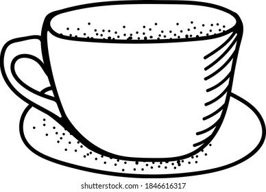 Hand drawn vector illustration of cup and saucer. Doodle style sketch. 