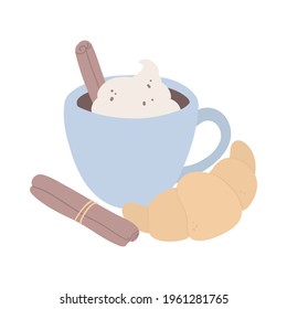 hand drawn vector illustration with a cup of coffee, cinnamon and croissant