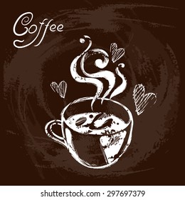 Hand drawn vector illustration of cup of tea or coffee. Stylized chalkboard drawing.  Concept image of coffeehouse, restaurant, menu, cafe, coffee shop, etc