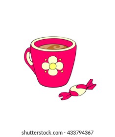 Hand drawn vector illustration of a cup of hot drink (tea or coffee) and bonbon.