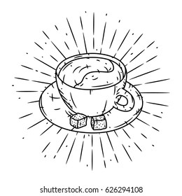 Hand drawn vector illustration with Cup of coffee. Used for poster, banner, t-shirt print, bag print, badges and logo design