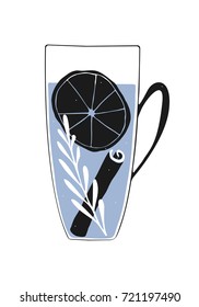 Hand drawn vector illustration of a cup of tea with black and white cinnamon, lemon and rosemary 