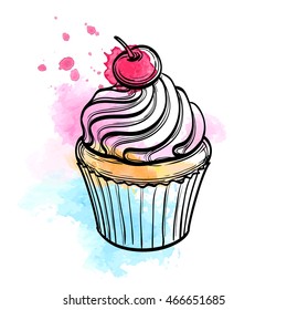 Hand drawn vector illustration of cupcake with cherry. Watercolor background. Isolated on white. 