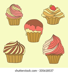 Hand drawn vector illustration with cupcakes on it