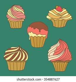 Hand drawn vector illustration with cupcakes on it