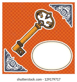hand drawn vector illustration of curly ornamental key on orange textured checked background. Concept image of home, security, mystery, invitation card, postcard, stationary blank, restaurant menu.