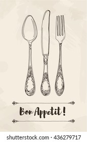 Hand drawn vector illustration of curly ornamental silver tableware, cutleryon a beige background watercolor background and texture. Hand drawn design element. Vector Illustration