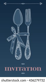 Hand drawn vector illustration of curly ornamental silver tableware, cutlery on blue background. Vector Illustration