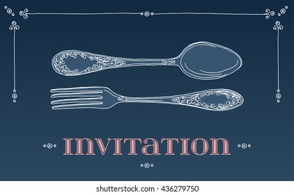 Hand drawn vector illustration of curly ornamental silver tableware, cutlery on blue background. Vector Illustration