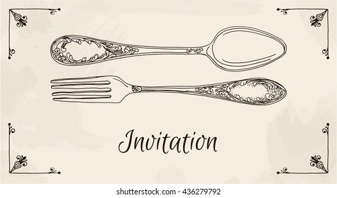Hand drawn vector illustration of curly ornamental silver tableware, cutleryon a beige background watercolor background and texture. Hand drawn design element. Vector Illustration
