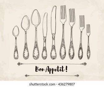 Hand drawn vector illustration of curly ornamental silver tableware, cutleryon a beige background watercolor background and texture. Hand drawn design element. Vector Illustration