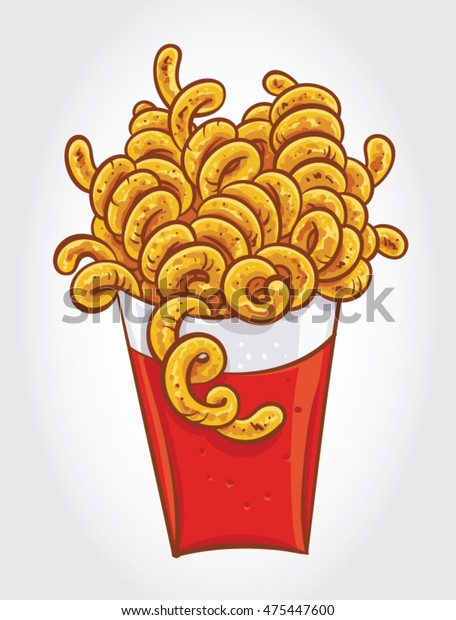  Hand drawn vector illustration of Curly Fries in a\
paper box.