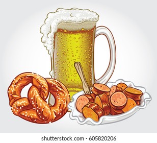 Hand drawn vector illustration Curry wurst, pretzel and a mug of beer.