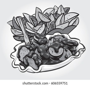 Hand drawn vector illustration of Curry wurst with sauce and potato wedges.