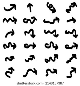 Ilustración del vector de dibujo manual de una flecha curva. Puntero negro aisló líneas gruesas Doodle sobre fondo blanco.
