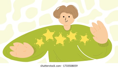 Ilustración vectorial dibujada a mano - concepto de revisión por parte del cliente. Hombre con cinco estrellas en sus manos. Comentarios del comprador. Calificación de calidad superior 