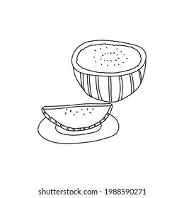 Dibujo manual vectorial de corte en una sandía semimadura y un trozo de sandía en un plato. Estilo de doodle de caricatura aislado en fondo blanco