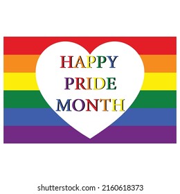 Hand drawn vector illustration of  cut out heart on pride LGBT flag with HAPPY PRIDE MONTH text isolated on white background.