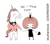 Hand drawn vector illustration of a cute little princess in a black dress and unicorn in a dinner jacket, with text. Isolated objects on white background. Line drawing. Design concept for kids print.