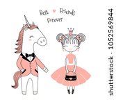 Hand drawn vector illustration of a cute little princess in a pink dress and unicorn in a dinner jacket, with text. Isolated objects on white background. Line drawing. Design concept for kids print.