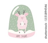 Hand drawn vector illustration of a cute funny pig in a snow globe, with lettering quote Happy holidays. Isolated objects on white background. Flat style design. Concept for Christmas card, invite.