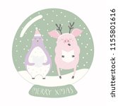 Hand drawn vector illustration of a cute funny penguin, pig, in a snow globe, with quote Merry Xmas. Isolated objects on white background. Flat style design. Concept for Christmas card, invite.