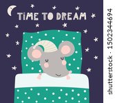 Hand drawn vector illustration of a cute sleeping mouse in nightcap, with pillow, blanket, lettering quote Time to dream, on dark background. Scandinavian style flat design. Concept for children print