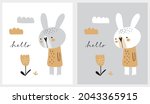 Hand Drawn Vector Illustration with Cute Baby Bunny Looking at Flower. Infantile Style Nursery Art ideal for Card, Wall Art, Poster. Funny Print with Sweet Rabbit on a White and Gray Background.