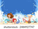 Hand drawn vector illustration of a cute mermaids in the underwater world. Cartoon background for children. Underwater sea life of coral reef