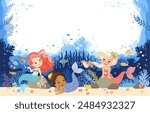 Hand drawn vector illustration of a cute mermaids in the underwater world. Background for children. Underwater sea life of coral reef