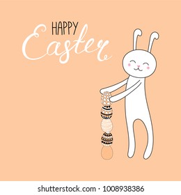 Hand drawn vector illustration of cute cartoon bunny building a tower from eggs, Happy Easter lettering. Isolated objects. Vector illustration. Festive design elements. Concept for card, invitation.