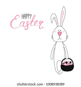 Hand drawn vector illustration with cute cartoon bunny with a basket, Happy Easter lettering. Isolated objects. Vector illustration. Festive design elements. Concept for greeting card, invitation.